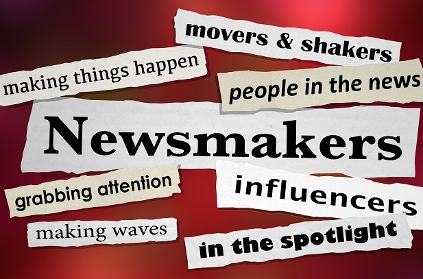 words cut out from newspapers such as newsmakers movers and shakers, influencers, on red background