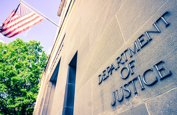 Washinton, DC / USA - April 22 2019: The northern facade of the Department of Justice building in the Nations capital .