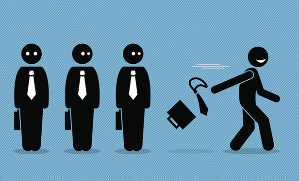 Illustration of businessmen with one removing tie and leaving