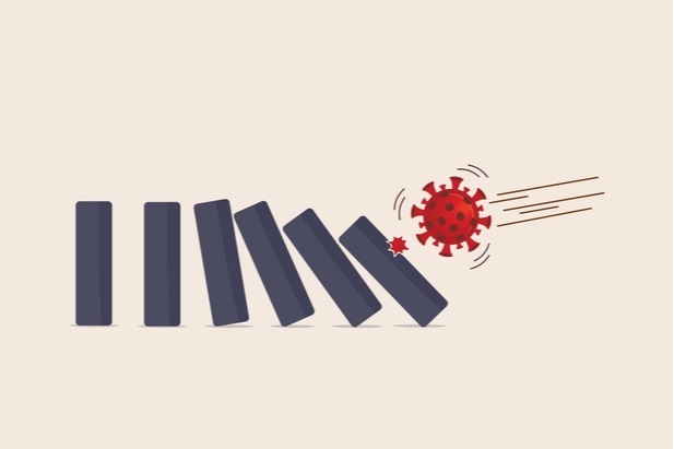 stylized covid virus image knocking over dominos