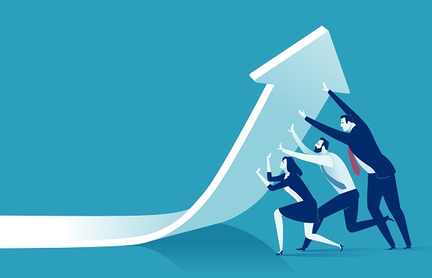 illustration of several business people lifting the end of a downward arrow