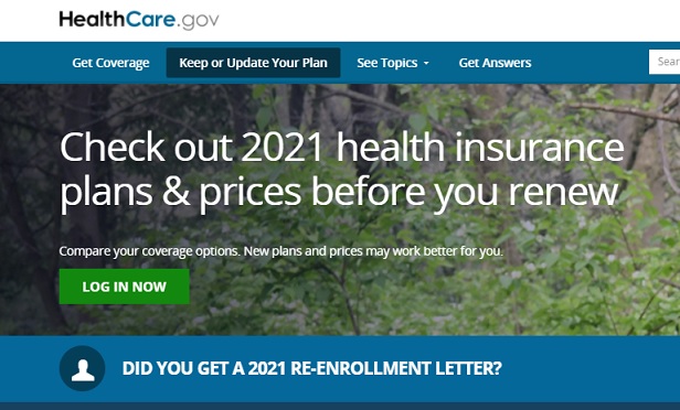 The renewals page on HealthCare.gov, which urges, "Check out 2021 health insurance plans & prices before you renew" and asks, "Did you get a 2021 re-enrollment letter?"