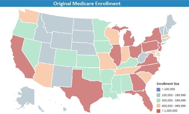 A state map that shows that California, Texas, Illinois, Florida, Georgia and New York state all have more than 1 million Original Medicare enrollees.