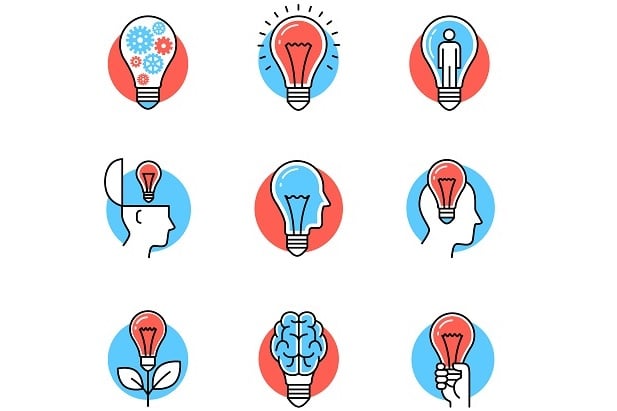 blue and red drawing of multiple lightbulbs made into flowers, heads, ice cream cones, etc