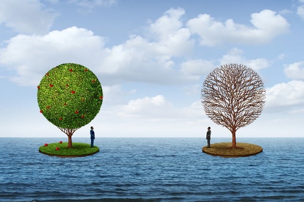 two islands each with a business man on it and one island has dead tree other island has living tree
