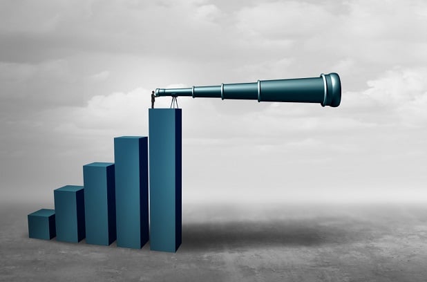 illustration of tiny person on bar chart looking through giant telescope
