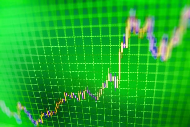 green grid with pink and yellow rising line