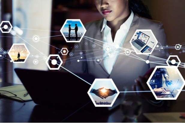 collage of woman and laptop and icon symbols