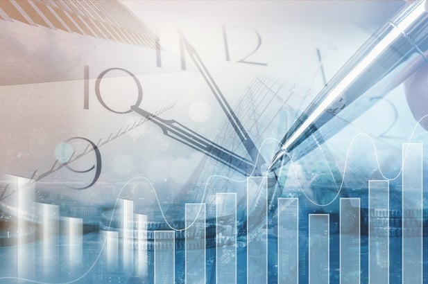 abstract collage incorporating clock and financial charts