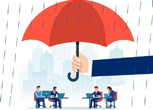 hand holding red umbrella over cartoon drawings of workers