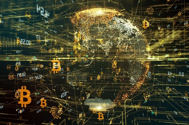 collage of crypto currency and globe