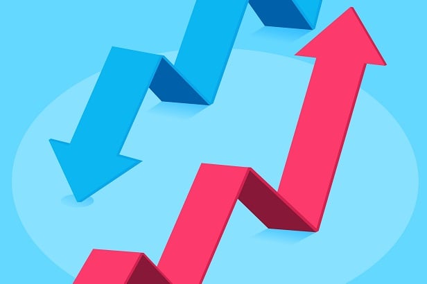 blue arrow pointing down, red pointing up