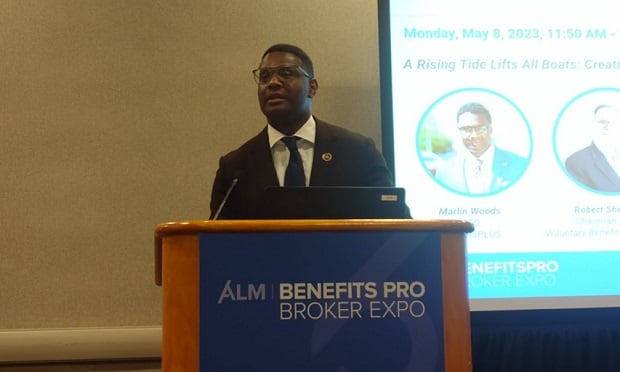 Marlin Woods speaks at the BenefitsPRO Broker Expo