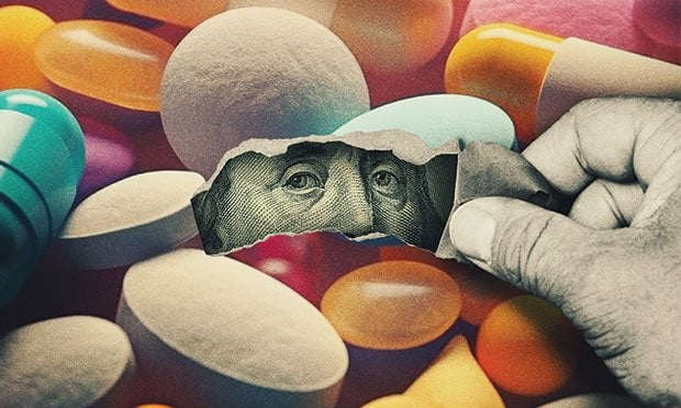 Ben Franklin on a bill, peering out through a lot of pills