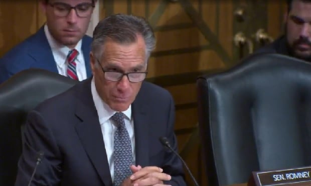 Sen. Mitt Romney, R-Utah, asked about ways to improve health care oversight Thursday during a Senate Health, Education, Labor and Pensions Committee hearing on the Steward Health Care bankruptcy. Credit: Senate HELP Committee