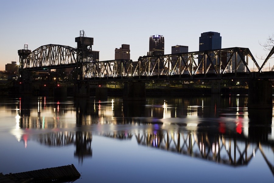 Arkansas median household income is low, but so is the cost of living, even in Little Rock, seen at sunset. (Photo: Getty)