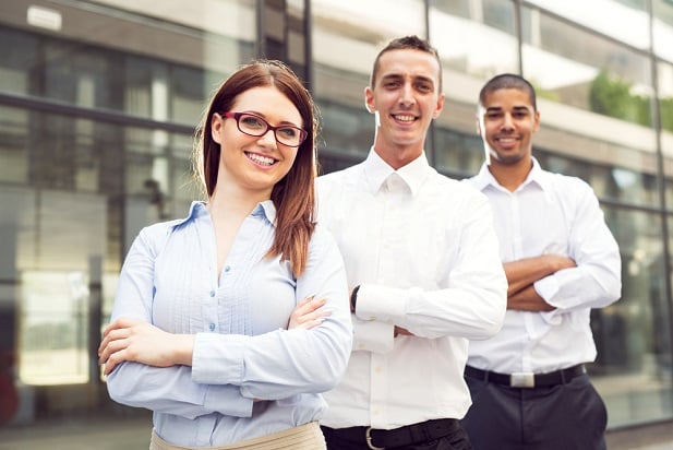 business woman and two men smiling