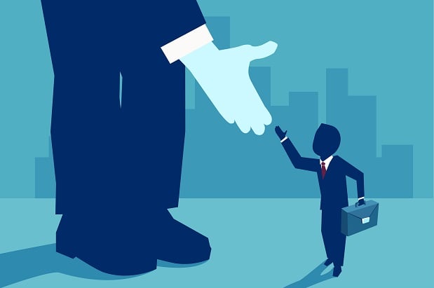 graphic of large hand reaching out to small man