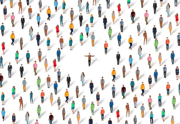 illustration of tiny people scattered around one person