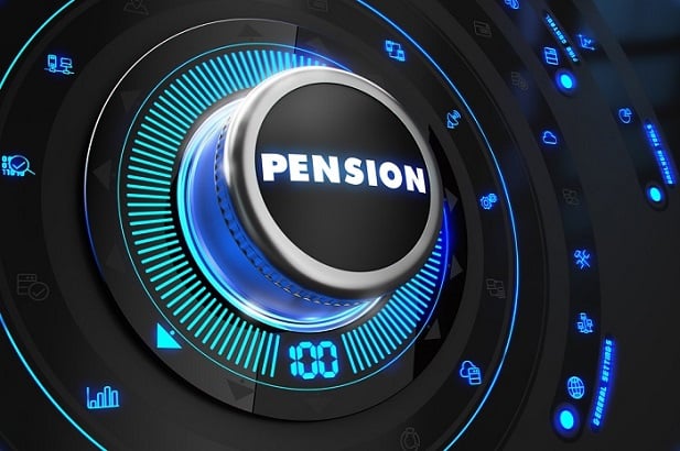 the word pension on a blue, black dial