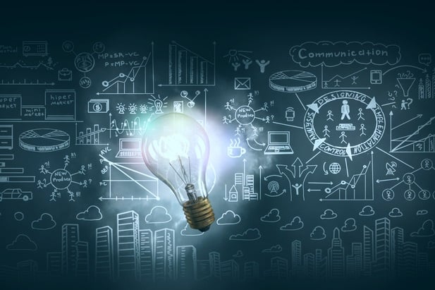 collage of lightbulb against chalkboard calculations and charts