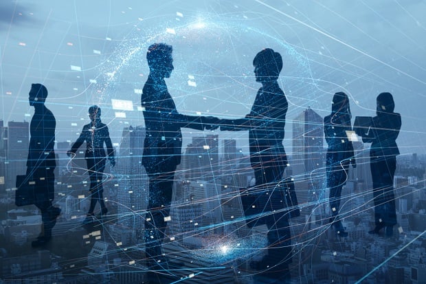 collage of outlines of business people, two of which are shaking hands