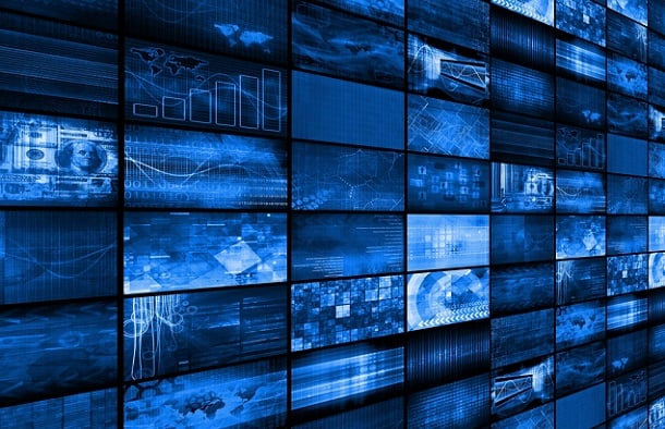 collage of blue screens with technology screen shots or other tech ish images