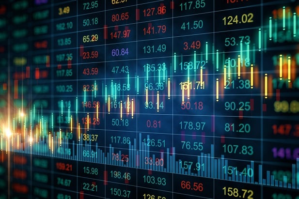 stylized image of a stock chart with gold and blue indicators on black