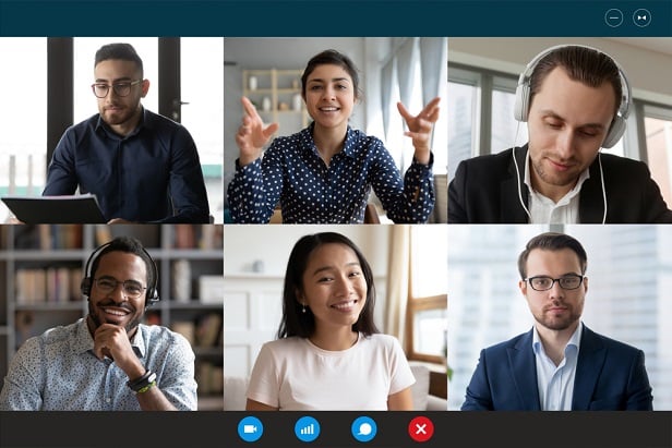 6 headshots of people on a remote meeting and happy