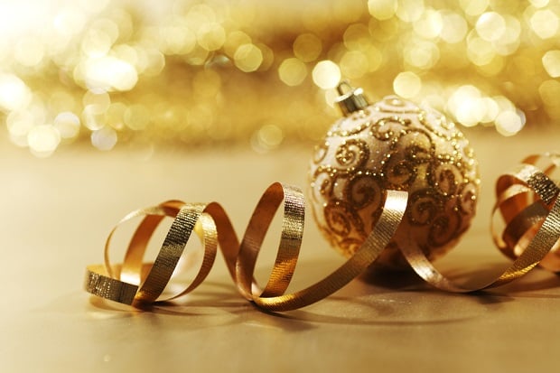 gold ornament, gold ribbon and gold background