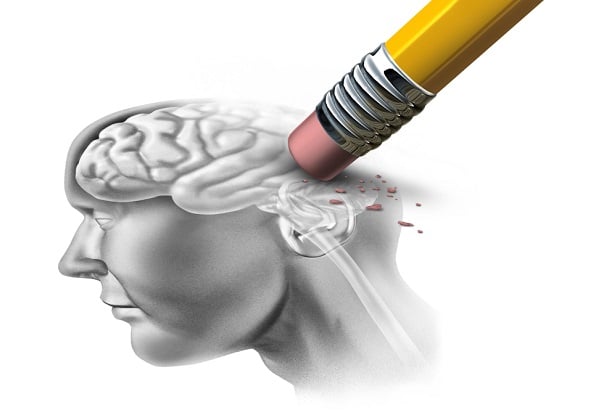 large pencil erasing part of a drawing of a person's brain