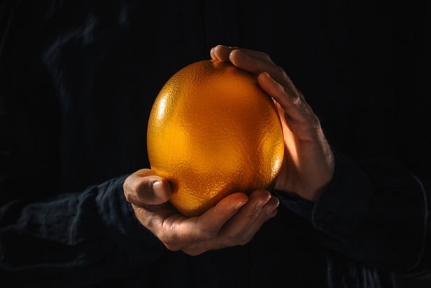 hands holding a big golden egg