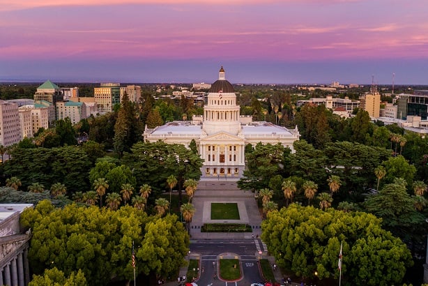 aerial shot of California State Capitol building in Sacramento.