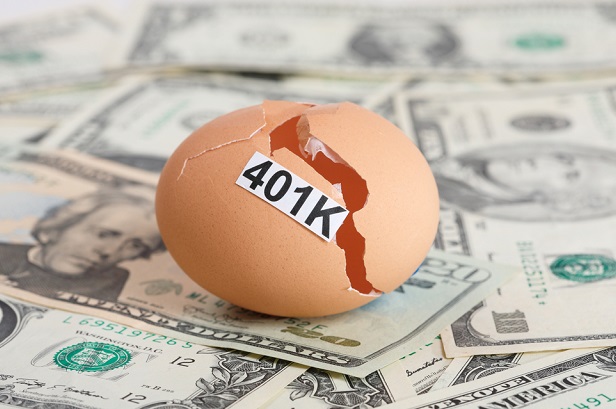 broken egg labeled 401k on top of dollars