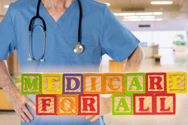 health care worker and blocks that spell medicare for all