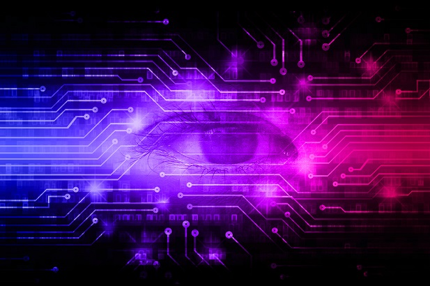 eye with purple and blue technology collage