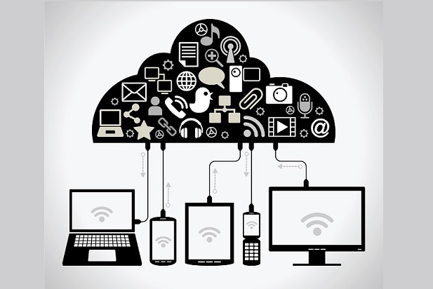 graphic of devices connected to a cloud full of icons