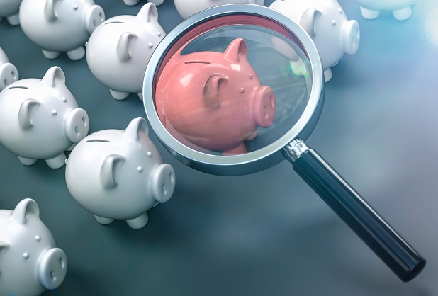 group of white piggybanks with pink piggybank under magnifying glass