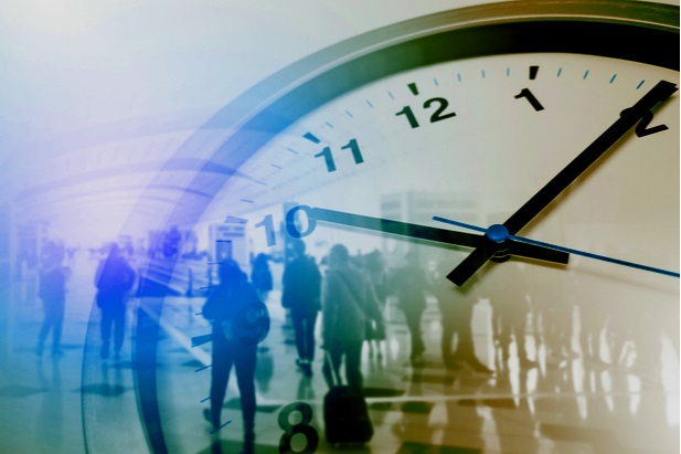 collage of clock and commuters