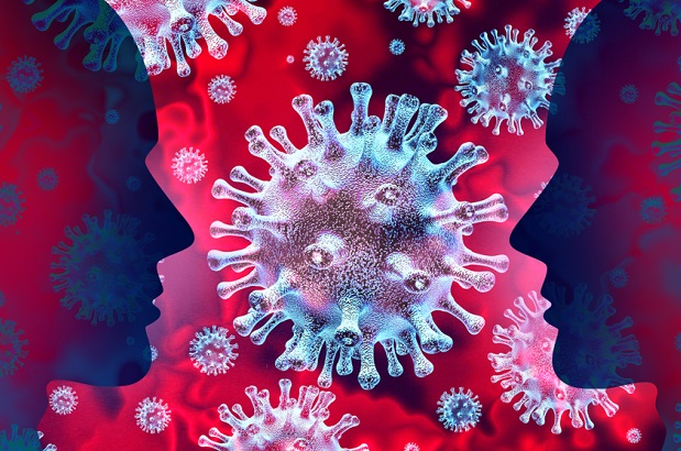 stylized profiles of two faces superimposed on enlarged stylized coronavirus cells