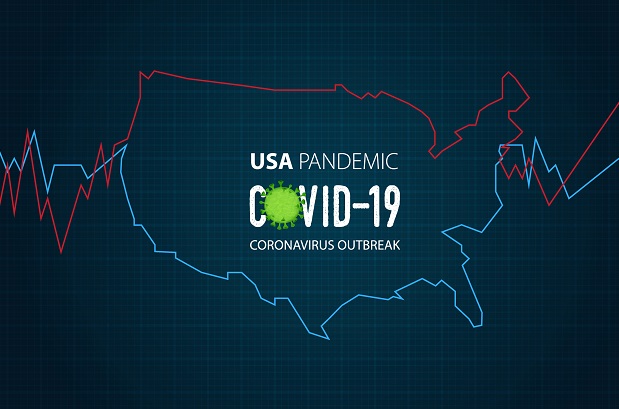 map of U.S. with Covid 19 written on it and EKG lines