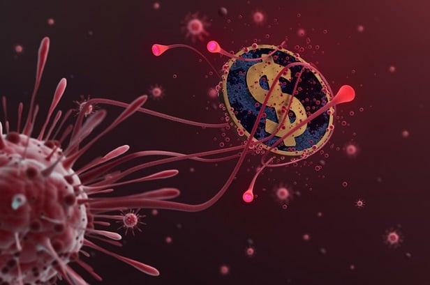 stylized image of a giant coronavirus cell with tentacles wrapped around dollar sign