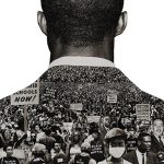 Civil rights collage on man's shoulders