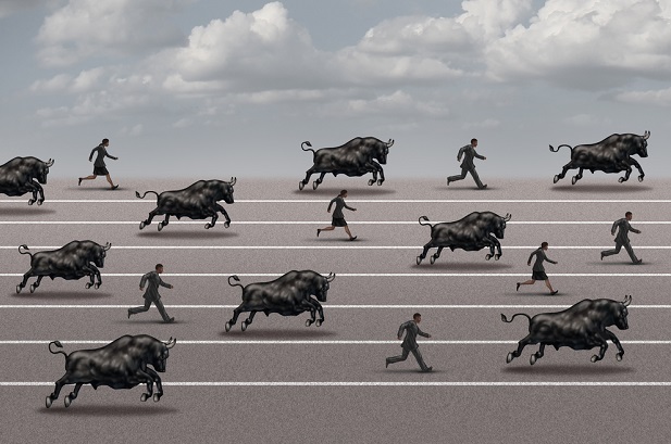 illustration of bulls running with men and women