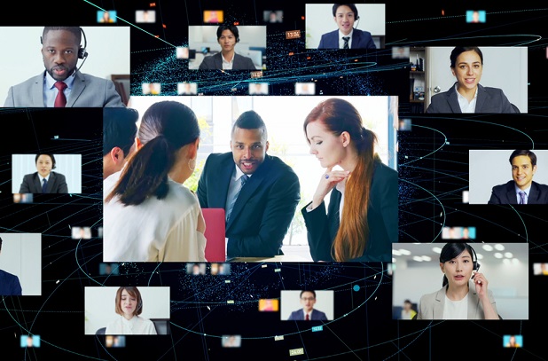 collage de fotos de empleados más jóvenes trabajando virtualmente