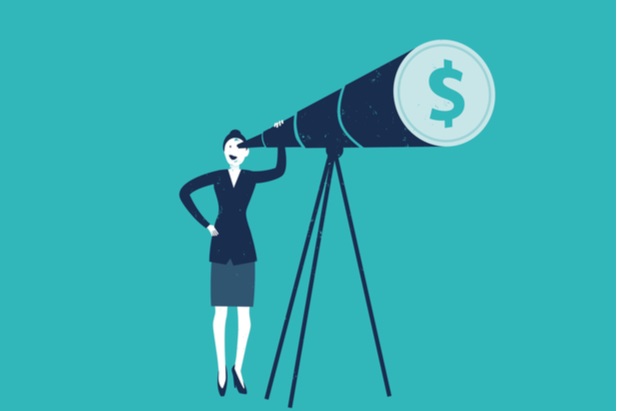 drawing of woman looking into telescope with dollar sign at end