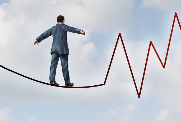 illustration of business man on tightrope that turns into a profit or stock chart with ups and downs