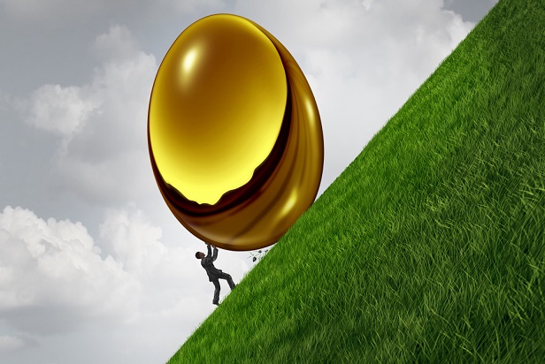 illustration of figure pushing a giant golden egg up a grassy hill