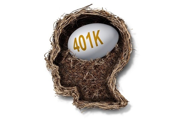 nest shaped like a human head containing an egg labeled 401k