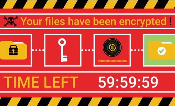Mock notification in red and yellow that says Your files have been encrypted and giving time left to spend to free them